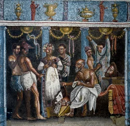 Arte romana: preparativi per un dramma satirico. Mosaico. 70 d.C. Da Pompei, Casa del Poeta Tragico. Dimensioni: 58x59 cm. Napoli, Museo Archeologico Nazionale