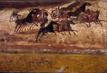 Arte romana: corsa di quadrighe. Affresco dalla Villa delle Quadrighe. Quarto stile, Pompei. Napoli, Museo Archeologico Nazionale