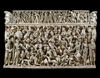 Arte romana: scena di battaglie tra guerrieri romani e barbari durante le guerre marcomanniche. Rilievo del cosiddetto sarcofago di Portonaccio di un generale di Marco Aurelio. 180-190. Roma, Museo Nazionale Romano (o delle Terme)