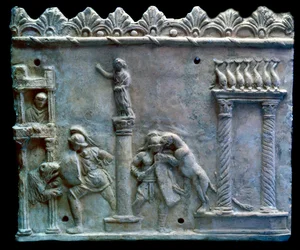 Arte romana: scena di combattimento di gladiatori contro bestie o venatio. I secolo a.C. Ginevra, Museo di Arte e Storia