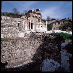 Arte romana: vista del Campidoglio (capitolium), 73 d.C., Brescia, Italia