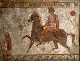 Cavaliere sannita. Dipinto tombale del IV secolo a.C., dal sito di Paestum, Italia. Affresco. Museo Archeologico Nazionale, Napoli