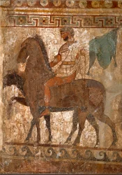Cavaliere sannita. Pittura tombale del IV secolo a.C., proveniente dal sito di Paestum, Italia. Affresco. Museo Archeologico Nazionale, Napoli
