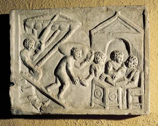 Scarico di merci e controlli portuali, bassorilievo, civiltà romana