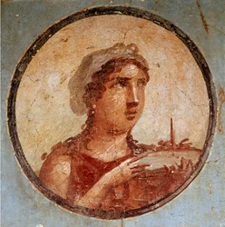 Giovane ragazza con un piatto di cibo (affresco)