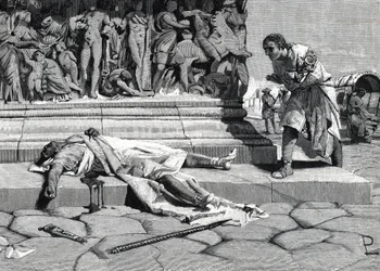 Il cadavere di Publio Clodio Pulcro (92-52 a.C.) trovato sulla via Appia a Roma (incisione)