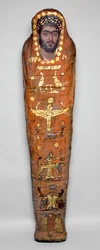 Mummia di giovane uomo, con ritratto a encausto, da El-Hibeh (resti umani avvolti in lino con pannello di legno dipinto)