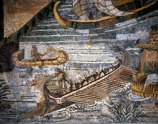 Una bireme romana (sorta di galea a due file) (dettaglio) di un mosaico a Palestrina