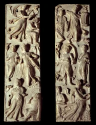 Antica Roma: dittico in avorio scolpito che rappresenta sei muse e sei poeti (o filosofi)