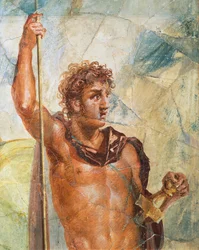 Dettaglio di un affresco che raffigura Alessandro, dal Matrimonio di Alessandro (Ares) e Stateira (Afrodite), Regio 6 Insula Occidentalis 39, Pompei
