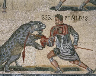 Dettaglio di un mosaico di una lotta di gladiatori, originariamente da Torre Nuova