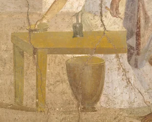 Dettaglio di affresco raffigurante pasto sacrificale, Casa dei Cupidi Dorati, Pompei, Campania, civiltà romana