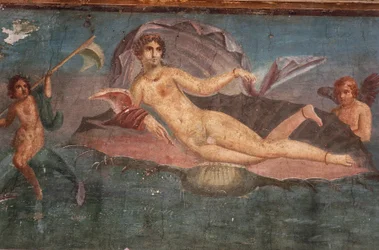 Dettaglio di affresco nella Casa di Venere nella conchiglia, Pompei, Campania, Civiltà Romana