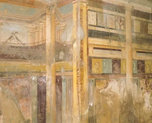 Dettaglio di affresco, parte delle decorazioni murali, Casa del Labirinto, Pompei, Campania, civiltà romana