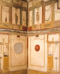 Dettaglio di affreschi che decorano una stanza, Casa dei Vettii, Pompei, Campania, Civiltà Romana