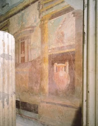 Dettaglio di affreschi nella sala del triclinio, Casa del Labirinto, Pompei, Campania, Civiltà Romana
