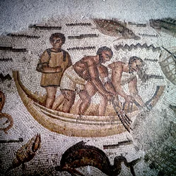 Scena di pesca in mosaico a Ippona, Algeria.