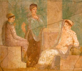 Affresco raffigurante un gruppo di donne romane in conversazione, dalla Casa della Caccia Antica, Pompei, Campania, Civiltà Romana