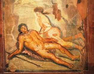 Affresco raffigurante il mito di Piramo e Tisbe, Casa di Loreio Tiburtino, Pompei, Campania, Civiltà Romana