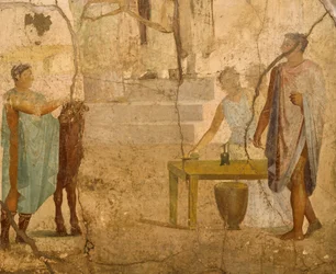 Affresco raffigurante scena di sacrificio, decorazione dalla Casa dei Cupidi Dorati, Pompei, Campania, Civiltà Romana