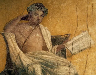 Drammaturgo greco Menandro, dettaglio da affresco, peristilio della Casa di Menandro, Pompei, Campania, Italia, civiltà romana