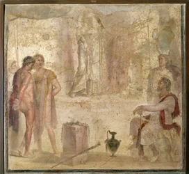 Italia, Campania, Pompei, Casa dei Cupidi Dorati, Oreste e Pilade davanti a Ifigenia, affresco