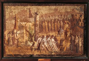 Italia, Campania, Pompei, Il cavallo di Troia, affresco