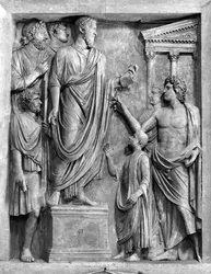 Marco Aurelio (121-180 d.C.) che tiene un discorso al Foro, o Adriano (76-138 d.C.) che tiene un