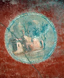 Medaglione che mostra un paesaggio su sfondo giallo, affresco dalla Casa di Menandro, Pompei, Campania, Civiltà Romana