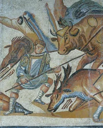 Mosaico che mostra una scena di caccia alle bestie selvatiche, dettaglio di un gladiatore che uccide un animale