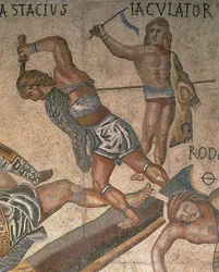 Mosaico con una scena di gladiatori in lotta (dettaglio)