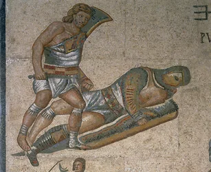 Mosaico con una scena di gladiatori in lotta (dettaglio)