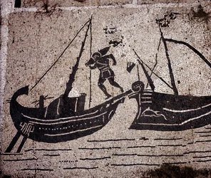 Ostia Antica, Mosaico della Piazza delle Corporazioni. Caricamento di una barca