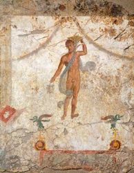 Dipinto del Quarto Stile Pompeiano che raffigura un Genio con un cesto e una situla