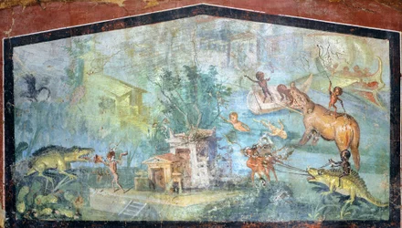 Dipinto su intonaco che raffigura una scena nilotica con pigmei che attaccano coccodrilli e ippopotami, 75x127 cm, da Pompei (Lista del Patrimonio Mondiale UNESCO)