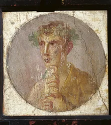 Ritratto di un giovane che tiene un rotolo di papiro, Italia, Campania, Pompei, pittura su intonaco, 55-79 d.C.