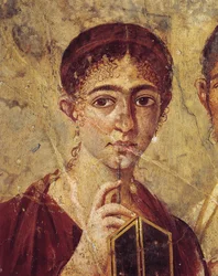 Ritratto del fornaio Terentius Neo e di sua moglie in abiti formali, dettaglio della moglie con stilo e dittico aperto, dall