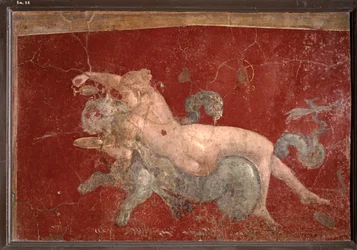 ARTE ROMANA: Nereide su una pantera marina a cui porge una bevanda in una bassa coppa (affresco)