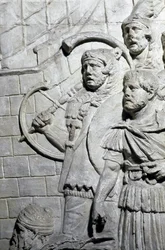 Arte romana: Guerrieri romani durante la prima guerra in Dacia. Stampo del 1862 che riproduce i bassorilievi della colonna di Traiano a Roma