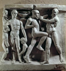 Arte romana: scena di pugilato. Bassorilievo. Museo della civiltà romana, Roma