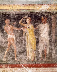 Arte romana: scena di lotta tra un uomo e una donna dal fregio della sala C, Villa Farnesina, Roma, Museo Nazionale Romano