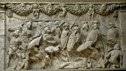 Arte romana: scena di battaglia tra Romani e Galli. Riproduzione di un bassorilievo dal Mausoleo di Glanum, un monumento funerario gallo-romano costruito tra il 30 e il 20 a.C. in tributo alla famiglia Giulio