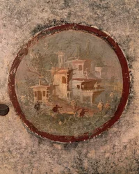 Rotonda con case e edifici, dettaglio di affresco dalla Casa del Centenario, Pompei, Campania, Civiltà Romana