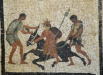 Sileno ebbro: Sileno ubriaco cavalca un asino tenuto da due servi. Mosaico da Pompei, casa di Paquius Proculus o C. Cuspius Pansa - Museo Archeologico Nazionale di Napoli, Italia - Foto Patrice Cartier