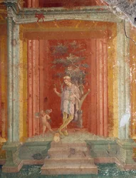 Scena teatrale, affresco (IV stile) su sfondo rosso dalla Casa di Pinario Ceriale, Pompei (Lista del Patrimonio Mondiale Unesco)