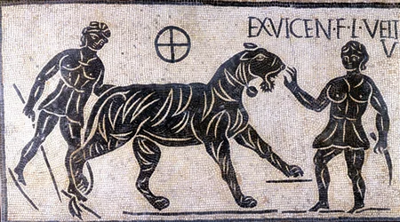 Domatori di tigri nelle mura del Colosseo - Mosaico romano