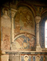 Arte romanica: dipinto raffigurante il martirio di San Lorenzo. Affresco. Cappella del Castello dei Monaci, Berzé-la-Ville, Francia