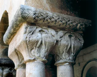 Arte romanica: capitelli del chiostro decorati con uccelli. Architettura