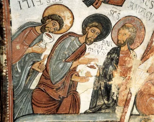 Arte romanica: gli apostoli Filippo, Bartolomeo e Andrea. Affresco del Voto della Cena, Chiesa di San Isidoro XII secolo Real Colegiata di San Isidoro, León