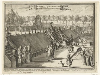 Veduta (di lato) di una cascata a terrazza nel parco del Palazzo Het Loo